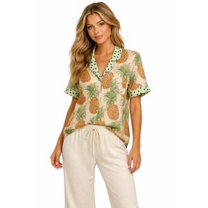 Karen Mabon Anthropologie HTF Pineapple Pajama Top Cream Green Short Sleeve S